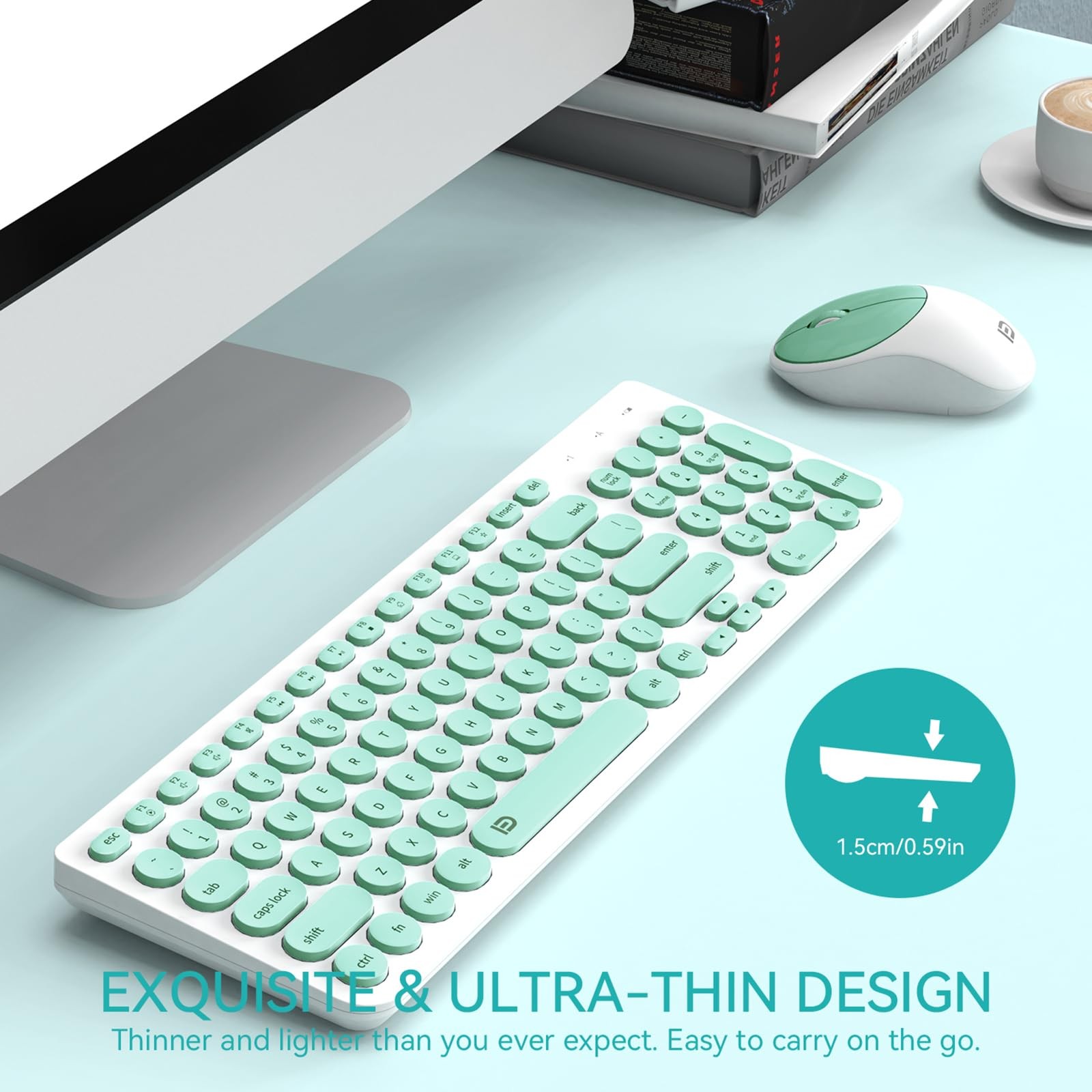 FD Wireless Keyboard and Mouse Combo – 2.4GHz USB IK6630 Mint Green & White