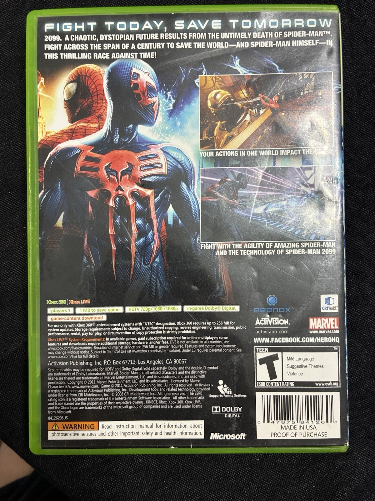 Microsoft Xbox 360 Spider-Man: Edge of Time DVD Keep Case (case only)