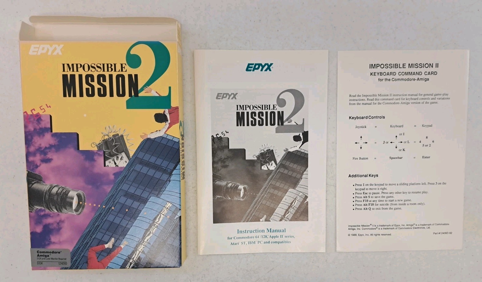 No Disk! Epyx Impossible Mission 2 Box-Manual-Command Card-1988 Commodore Amiga