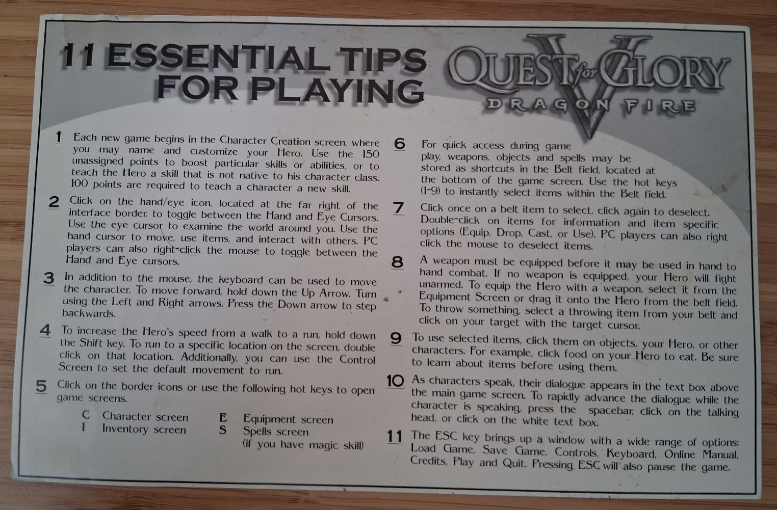 Quest for Glory V: Dragon Fire (Sierra, 1998) – Manual, Card, Hint Book NO GAME