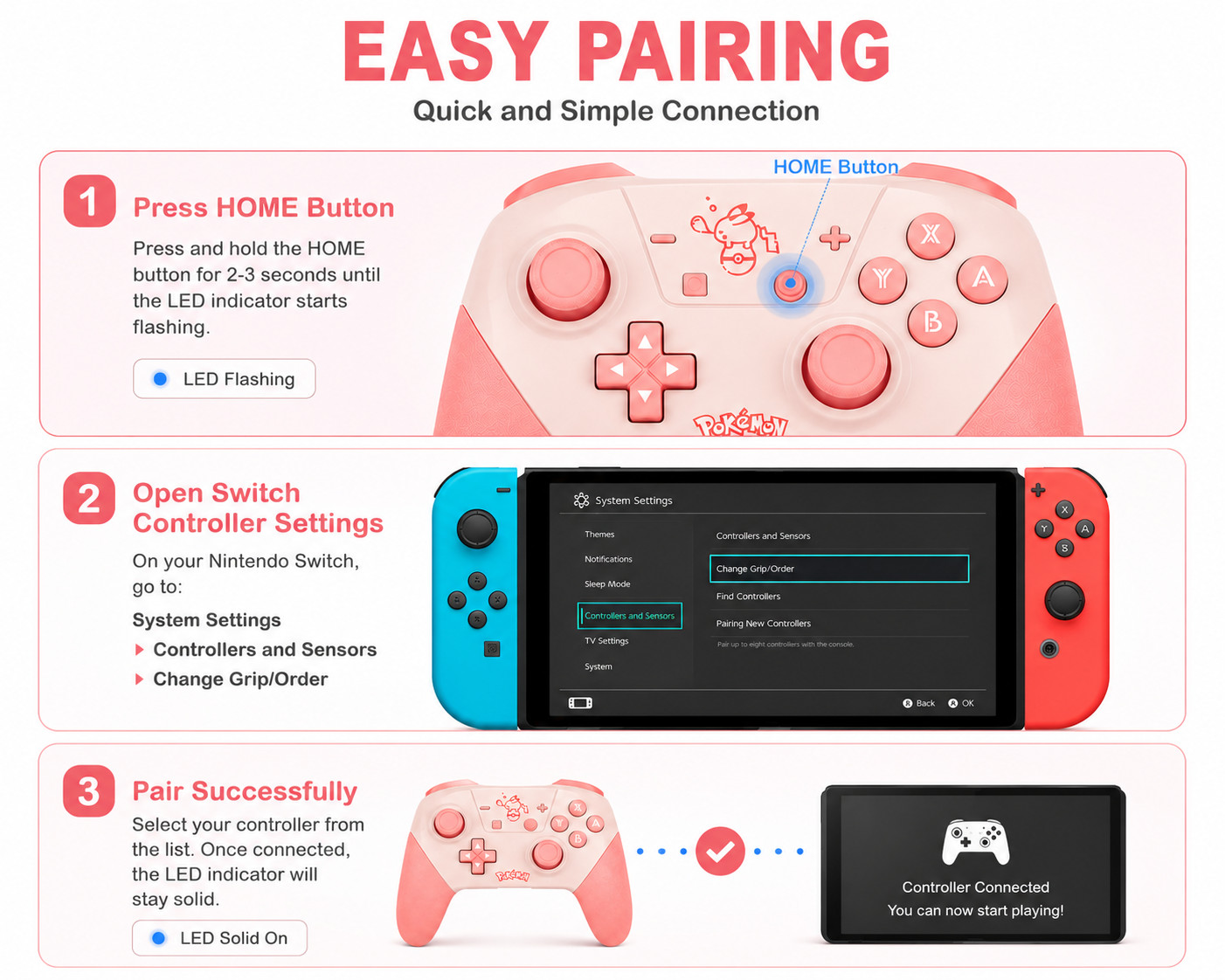 Wireless Pro Controller for Switch OLED Lite Bluetooth USB-C Dual Vibration Pink