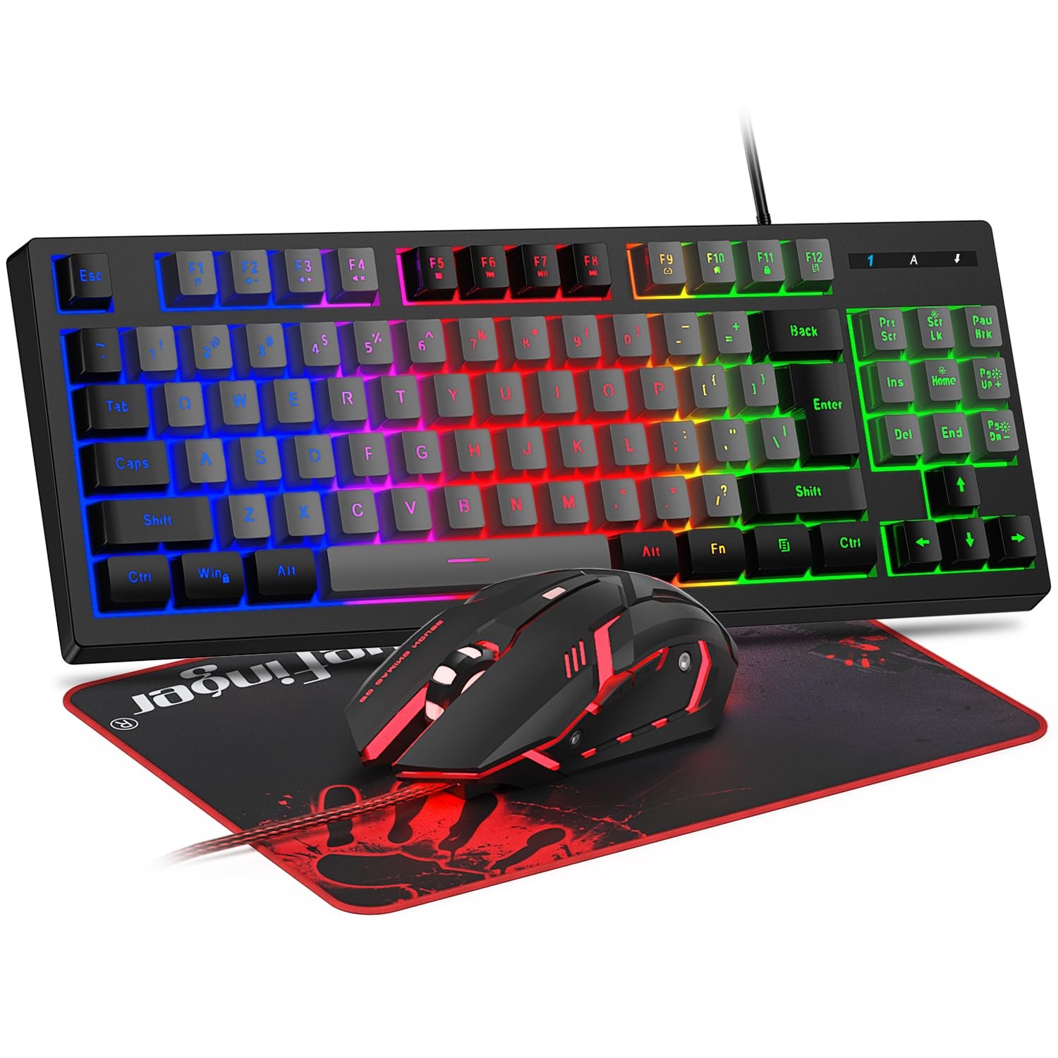 BlueFinger RGB 87 Keys Gaming Keyboard and Backlit Mouse Wired, Black & Gray