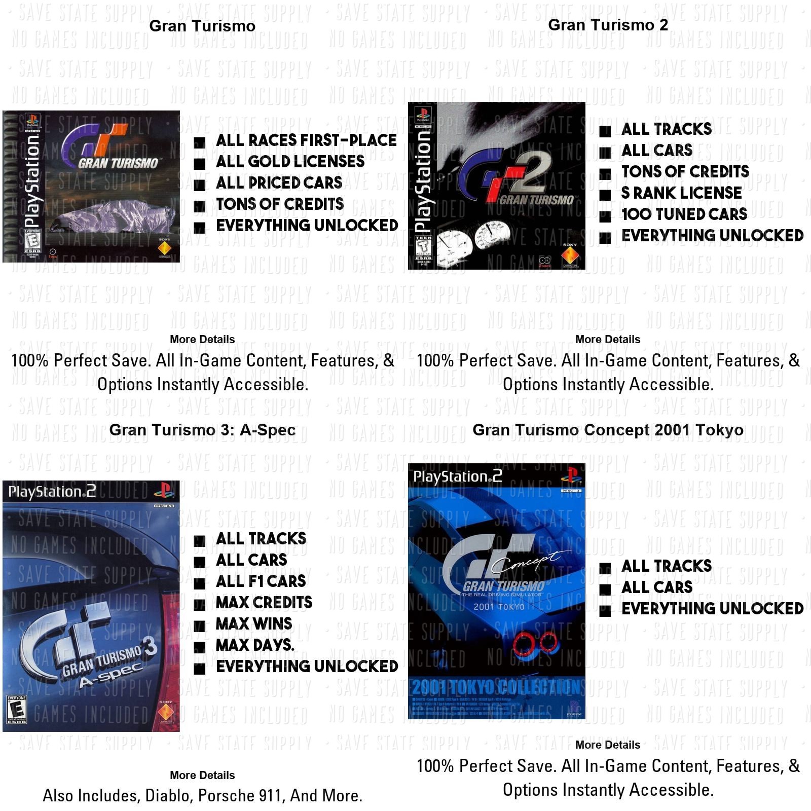 GRAN TURISMO 1 2 3 4 | MEMORY CARD SAVES | 100% Unlock! All Cars! Tracks PS1 PS2