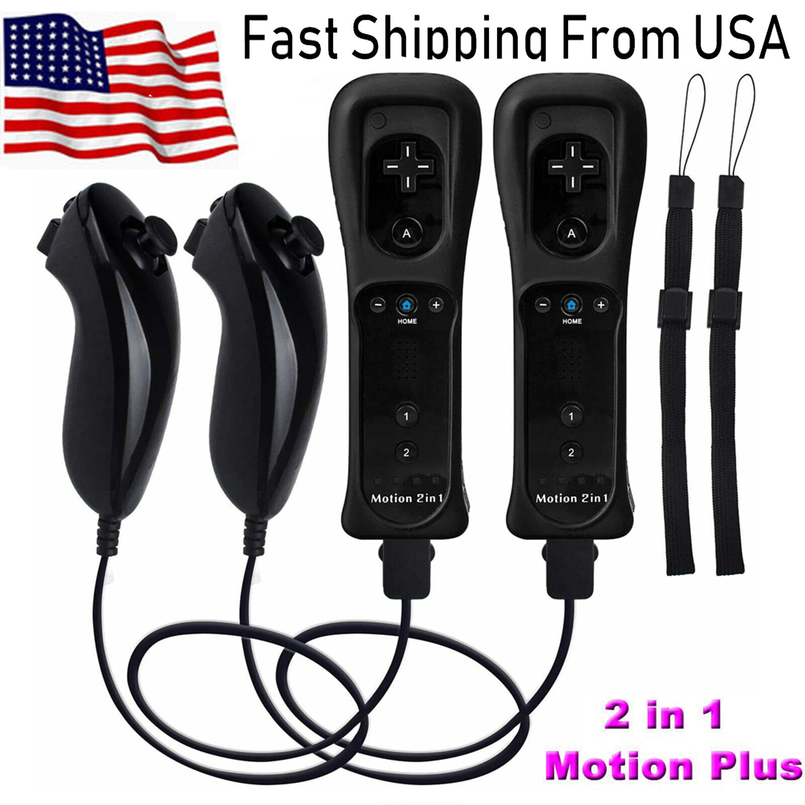 2 in 1 Motion Plus Remote & Nunchuck Controllers for Wii & Wii U Wiimote + Strap