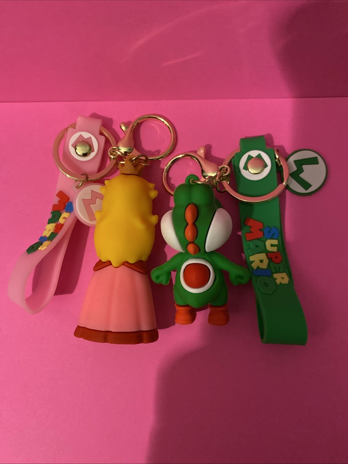 Super Mario Princess Peach And Yoshi keychains. Backpack clip. Pendant