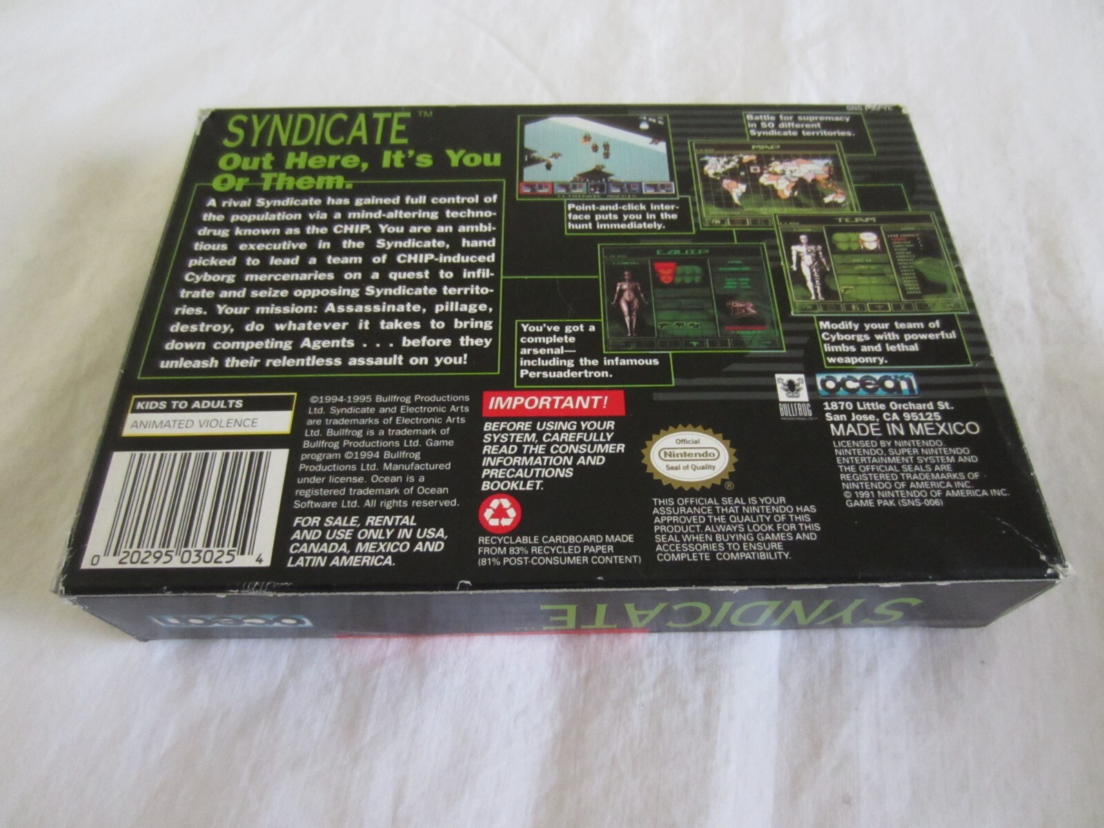 Syndicate (SNES) Super Nintendo CIB Complete Box Ocean 1995 RARE