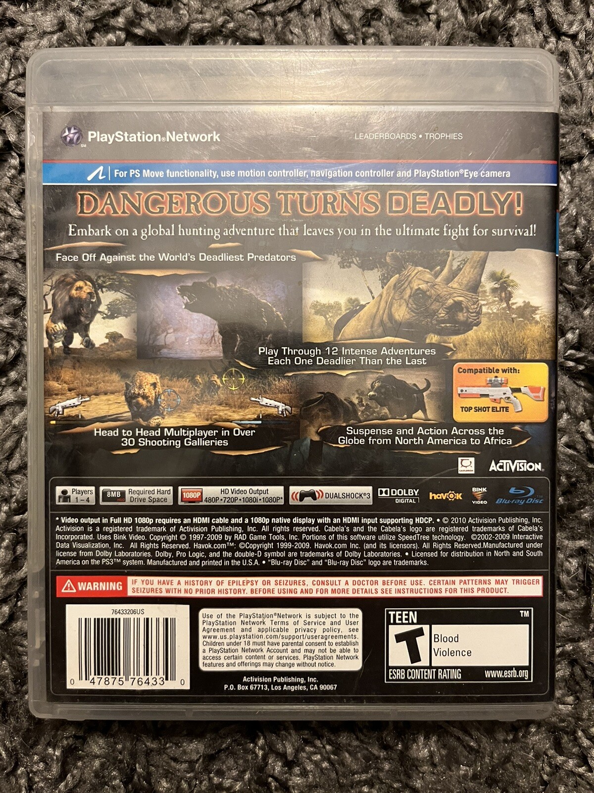 Cabelas Dangerous Hunts 2011 MINT DISC PlayStation 3 PS3 Complete 3D Glasses USB