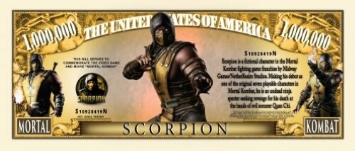 100 Pack Mortal Kombat Scorpion Money Collectible Novelty 1 Million Dollar Bills