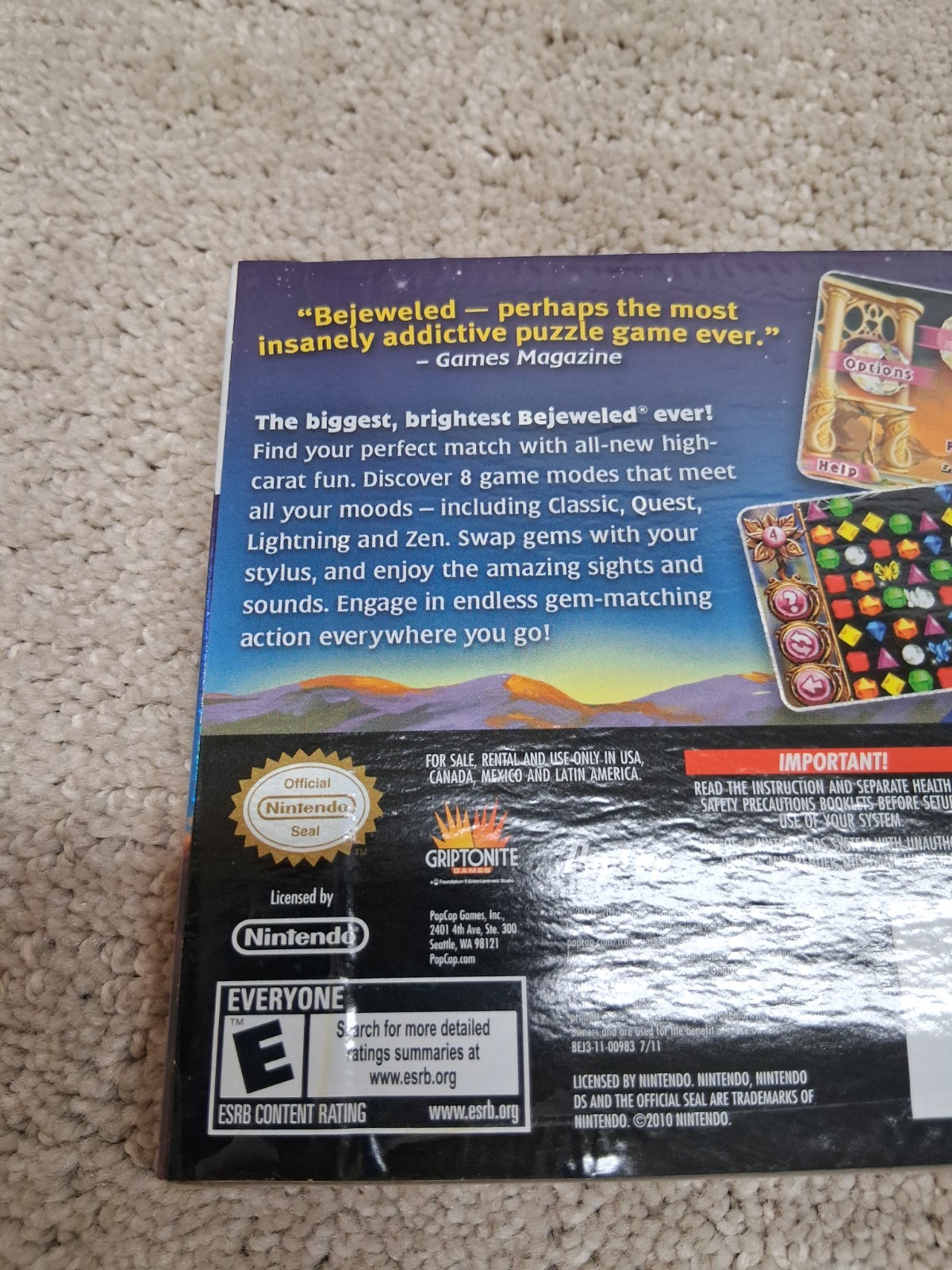 Bejeweled 3 Nintendo DS 2011 Brand New Sealed W/ Cover Pop Cap