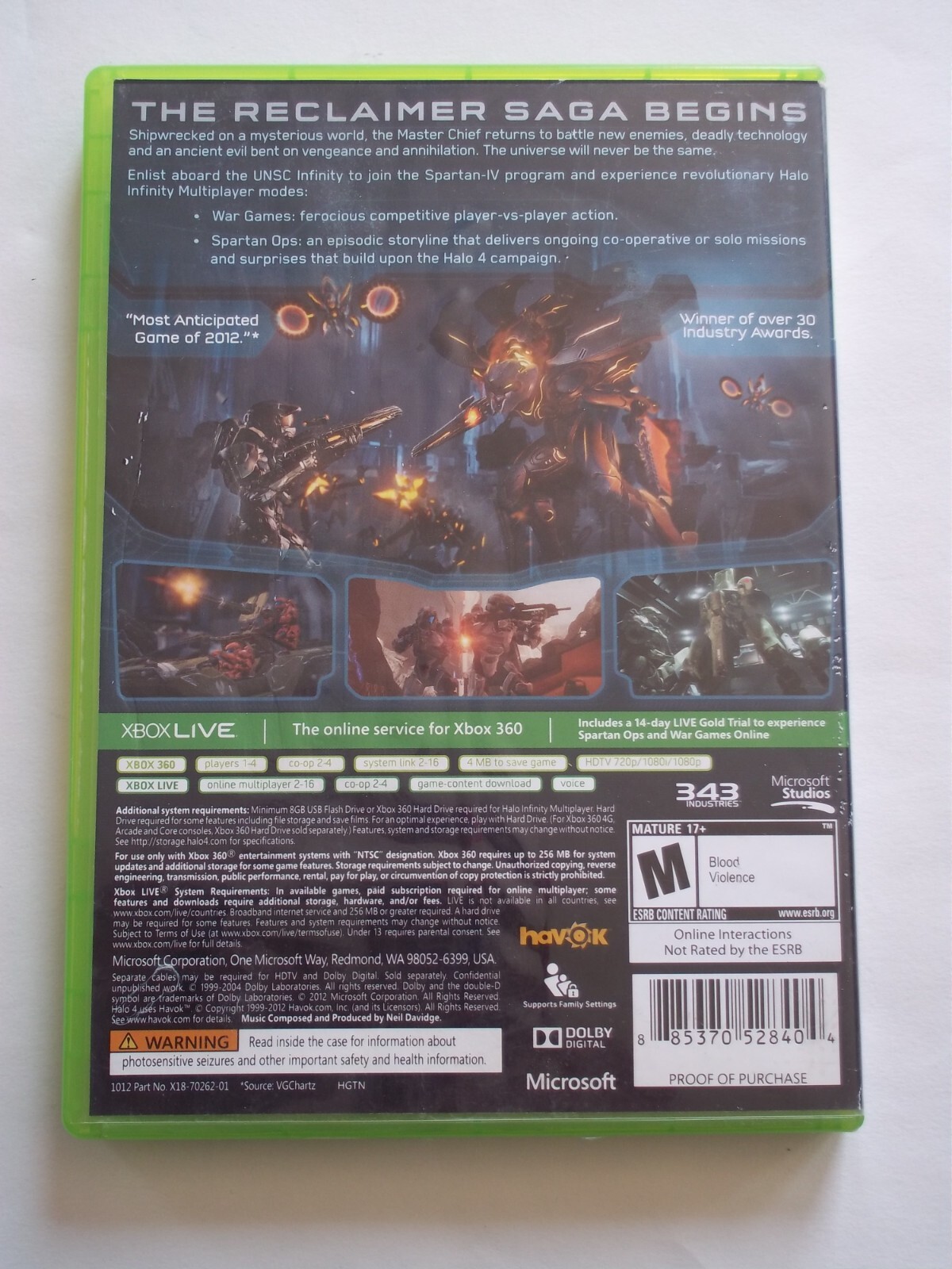 HALO 4 – Rated M – XBOX 360 Game Disc X2 & Case 343 Industries Microsoft Studios