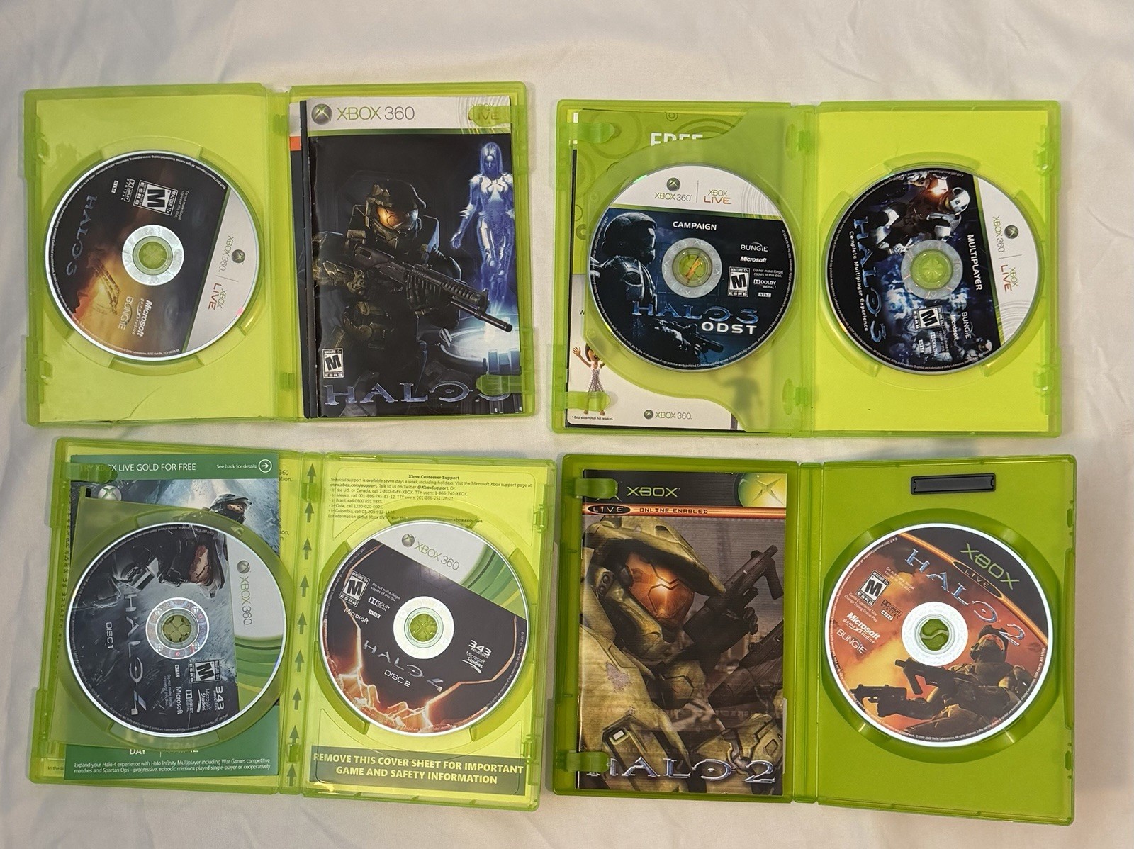 Microsoft Xbox 360 Lot of 4 Halo Games w/ Cases: Halo 2, 3, ODST, 4