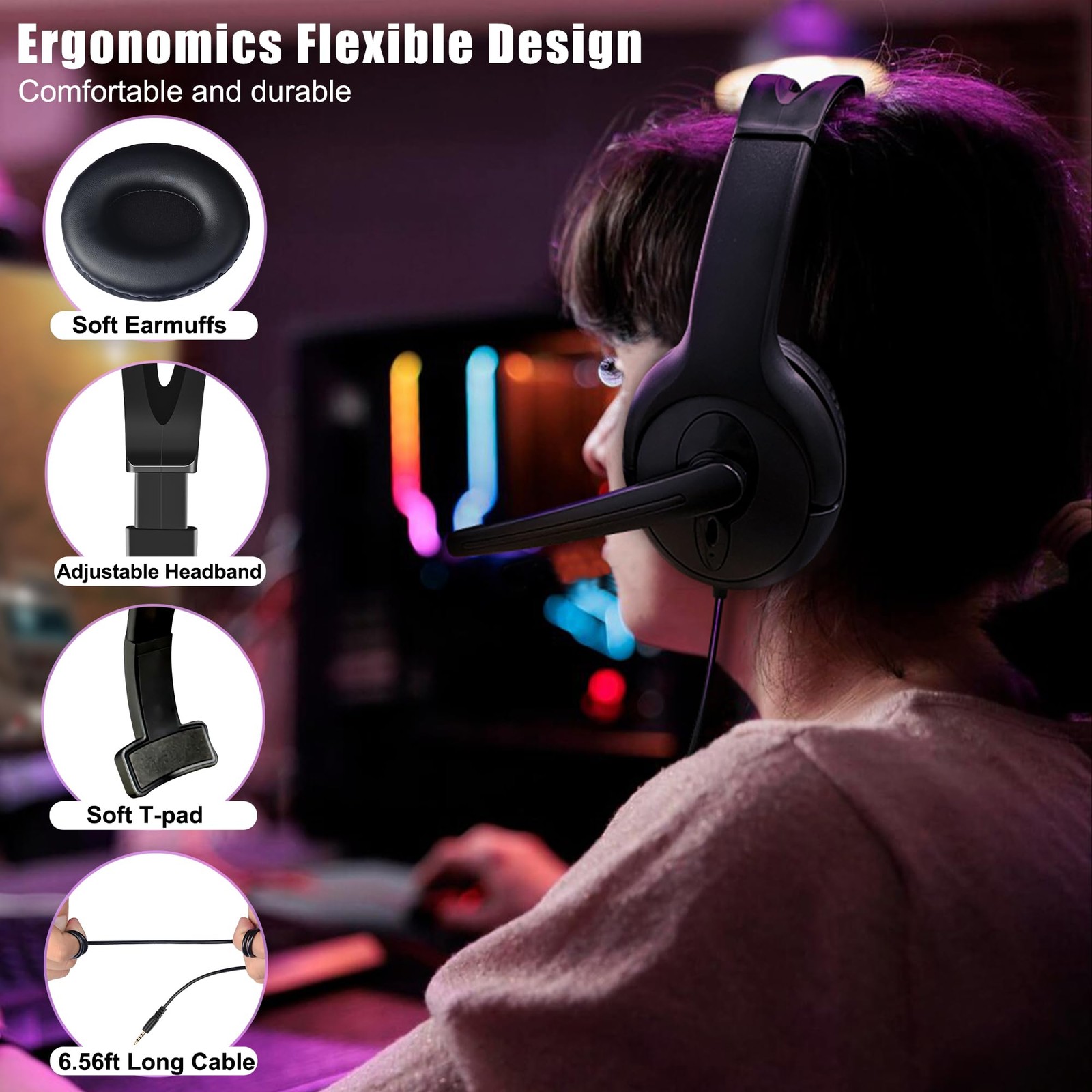 Wired One Ear Headset with Mic, 3.5mm/Type-C/USB Gaming for Black