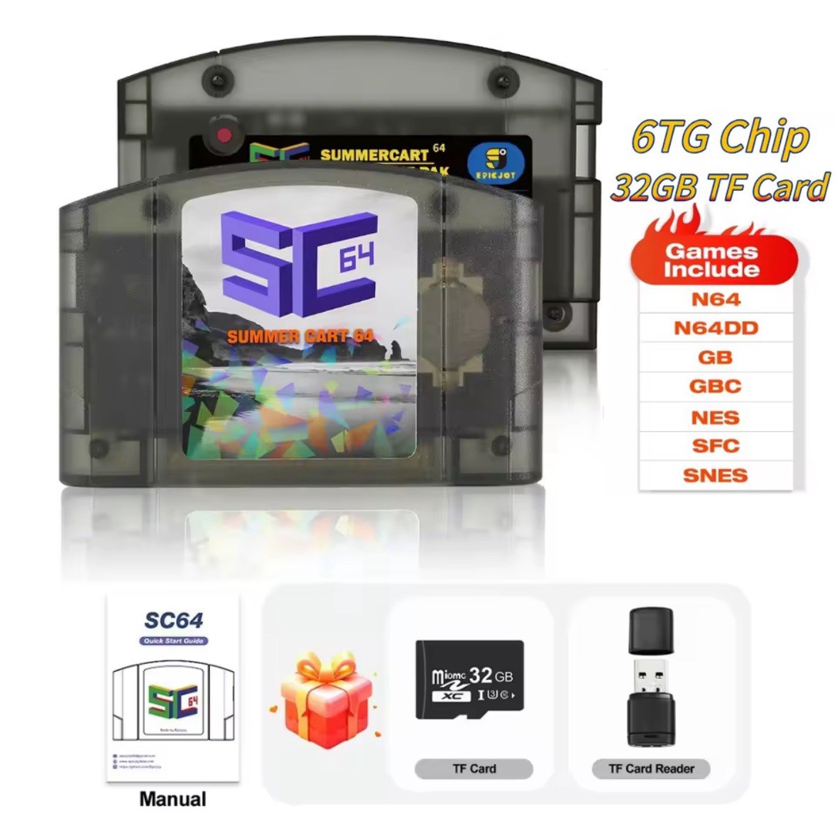 Summer Cart 64 – Tra Black, 32GB TF Card, N64/NES/SNES/GB/GBC.