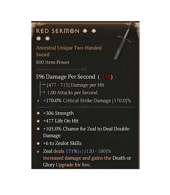 Diablo 4 Eternal Red Sermon 4GA 171% Unique Sword Weapon Item Gear Equipment
