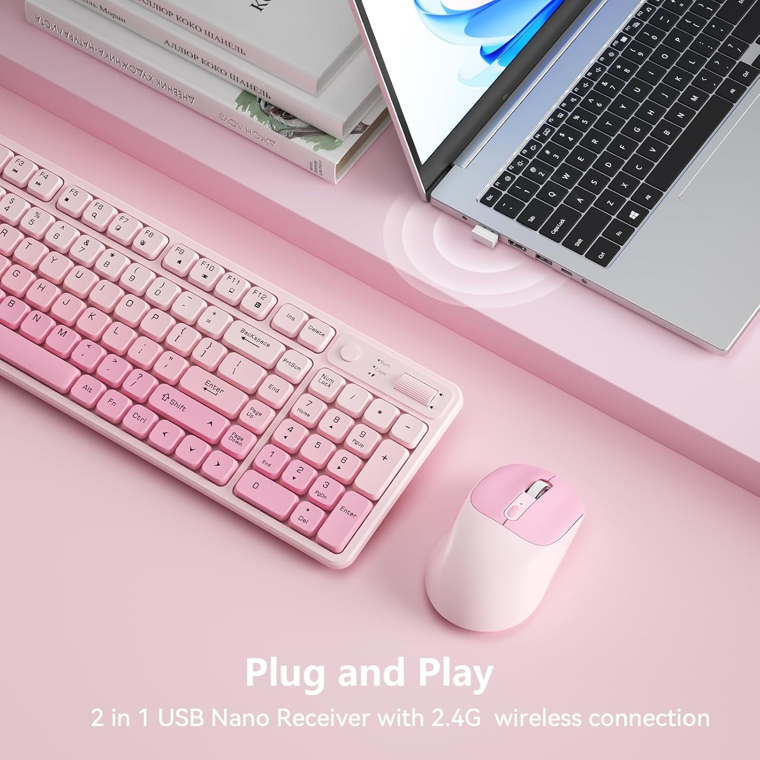 Wireless Keyboard and Mouse Combo, Full-Size USB Keyboard with Back Stand, 2.4GH