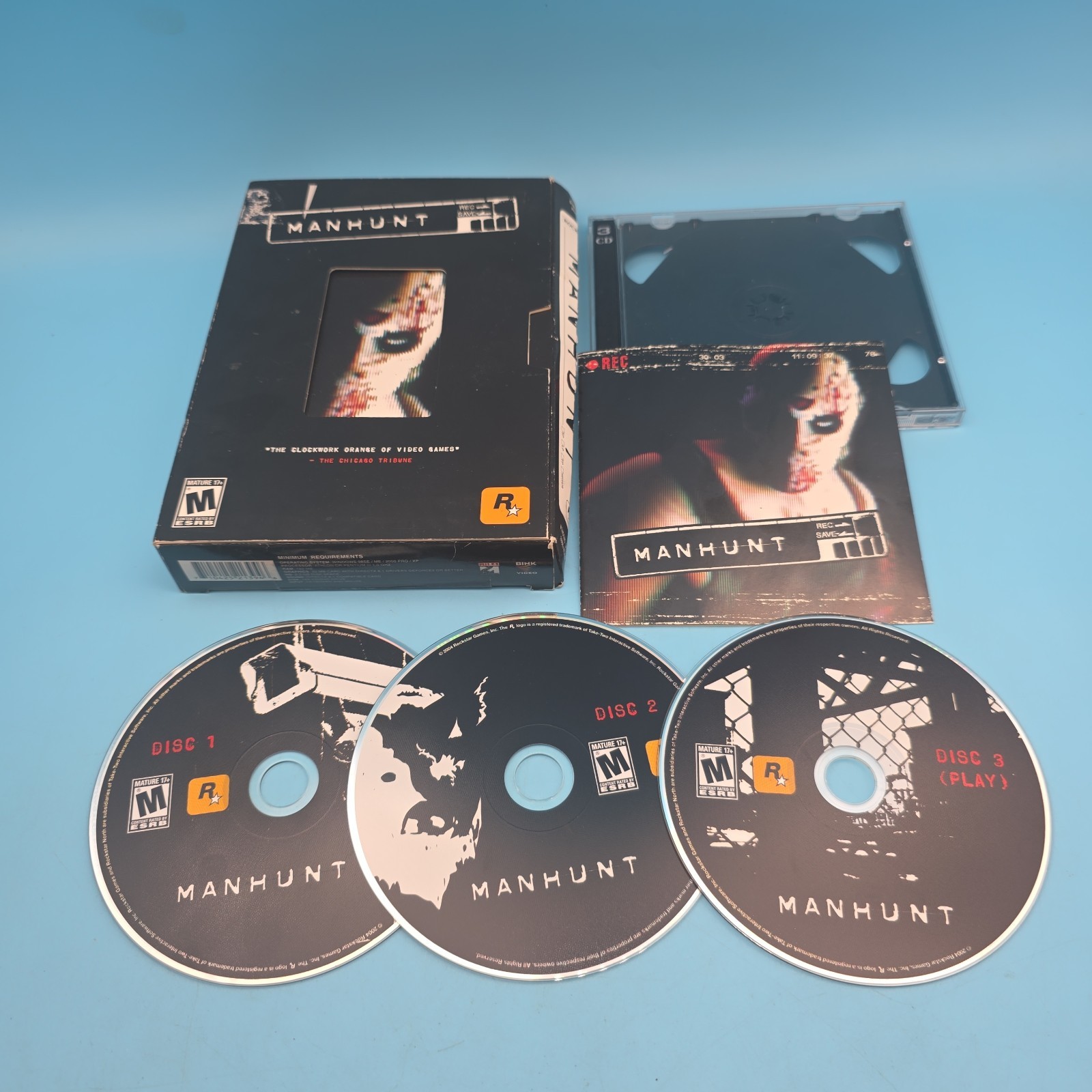 Manhunt (PC, 2004) 3 Dics, CIB VHS Style Box Vintage Video Game Rockstar TESTED