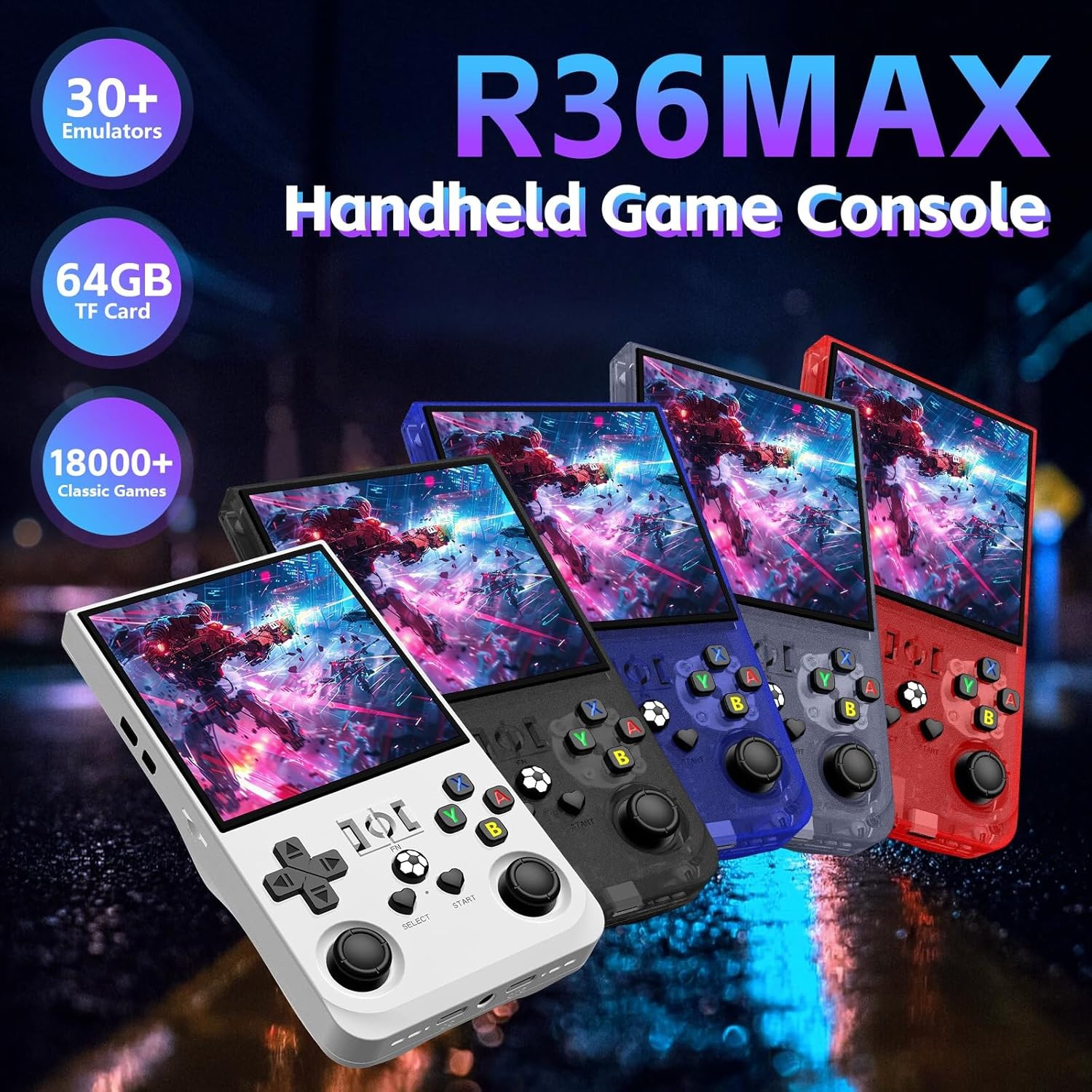 Blue R36MAX Retro Handheld Game Console 720×720 IPS Screen 64GB TF Card 4000mAh