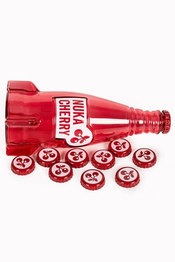 Fallout Nuka Cola Cherry Glass Rocket Bottle & 10 Bottle Caps Replica NEW