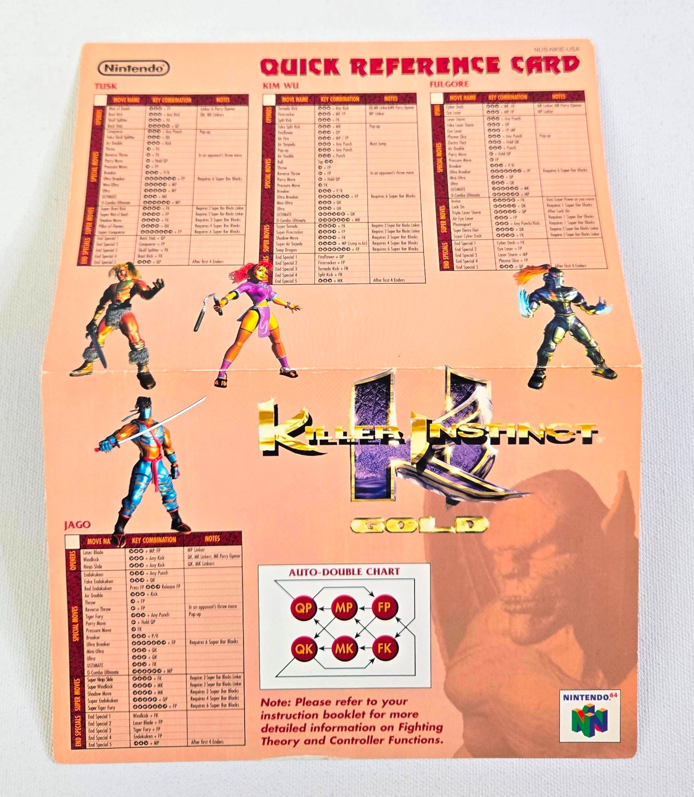 Killer Instinct Gold Nintendo 64 N64 MANUAL & QUICK REFERENCE CARD ONLY, No Game