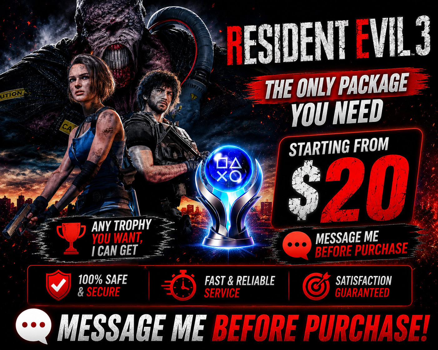 Resident Evil 3 Remake PS4/PS5 Platinum Trophy Service | Platinum | Custom Order