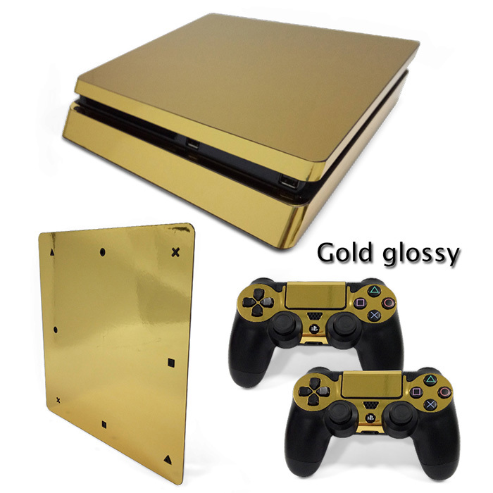 For PS4 Slim Console & 2 Controllers Gold Glossy Decal Vinyl Art Skin Wrap