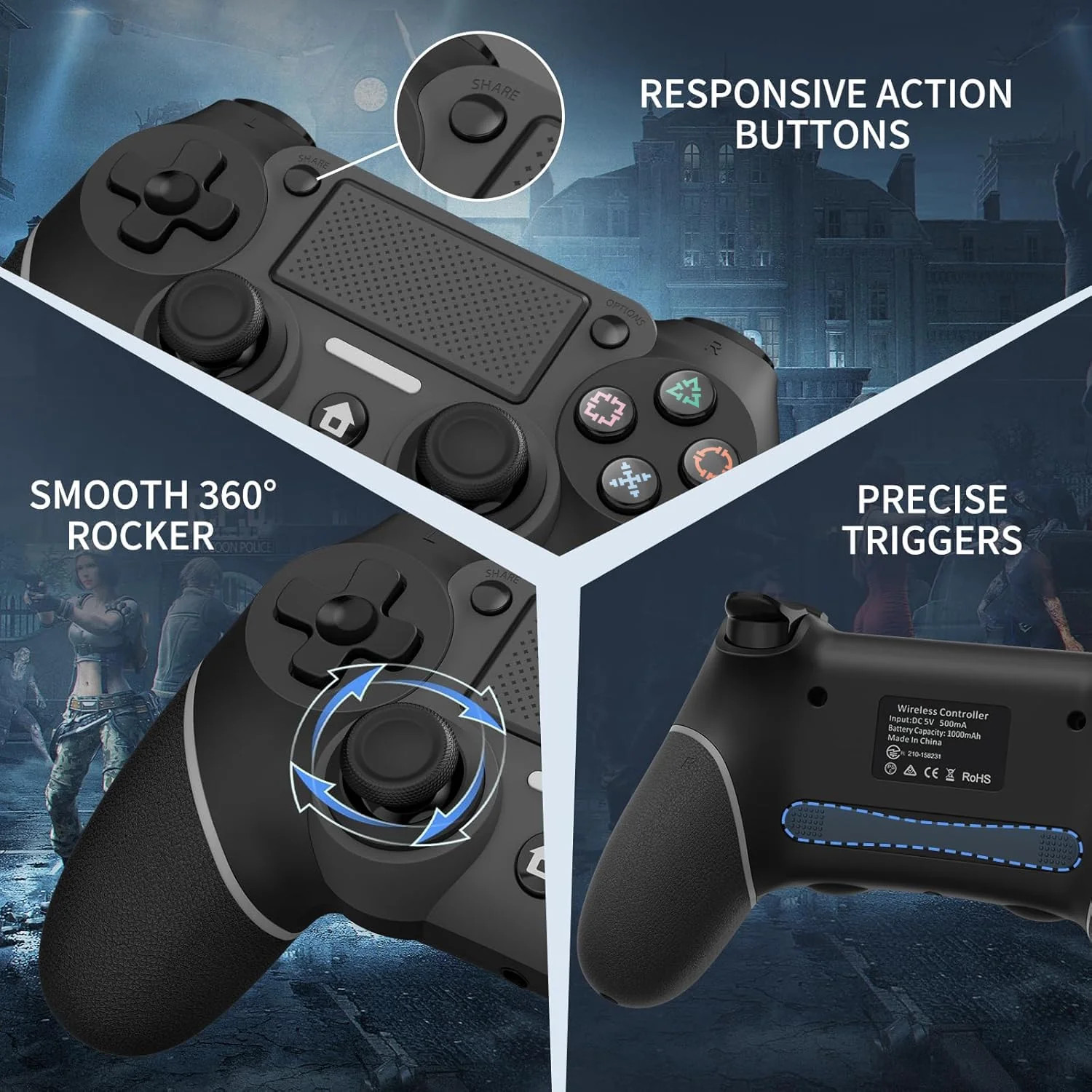 Wireless Controller Compatible with PS4/Pro/Slim, Black ps4 controller with Dual