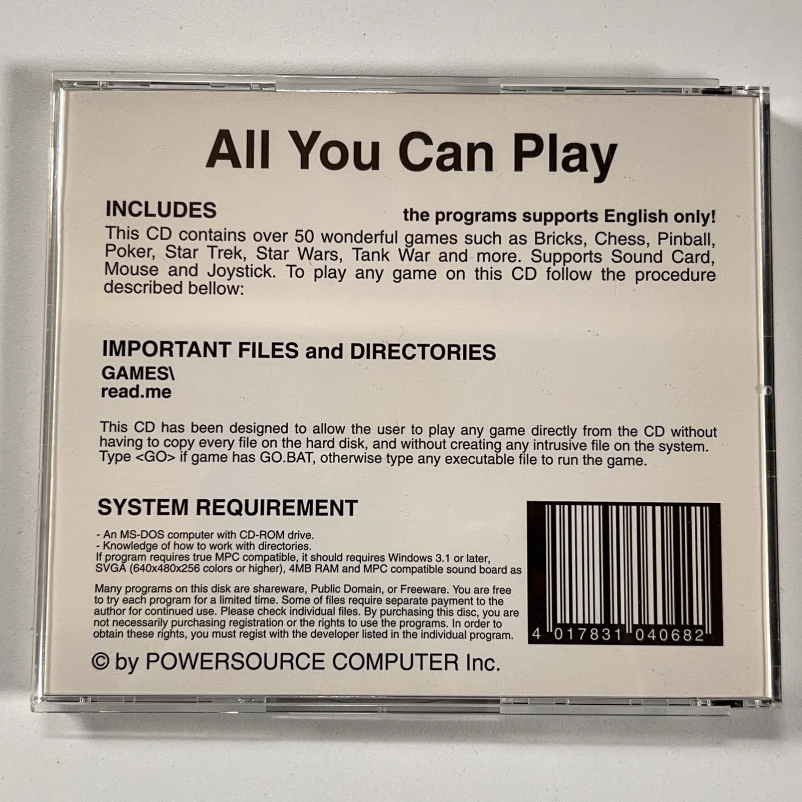 VTG All You Can Play PC CD-ROM 50+ Games Shareware Collection MS-DOS Windows 3.1