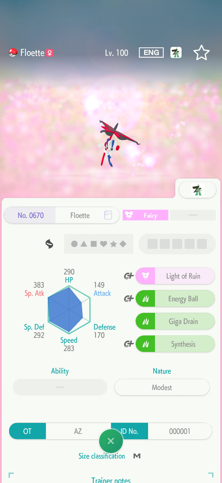 Pokemon Champions / Home ETERNAL FLOETTE from Legends ZA Lv.100 Modest 6IV AZ