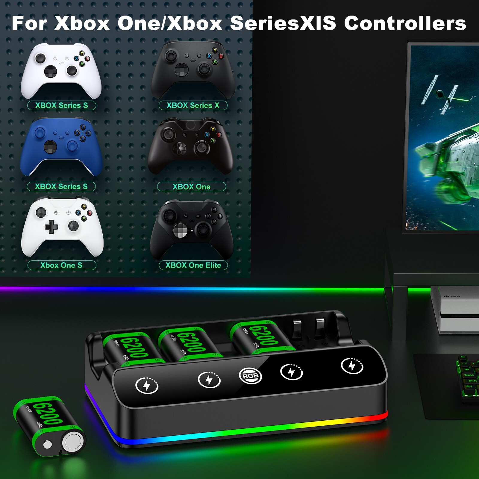 4 Pack 6200mWh Rechargeable Controller Battery Pack for Xbox Series X|S/Xbox One