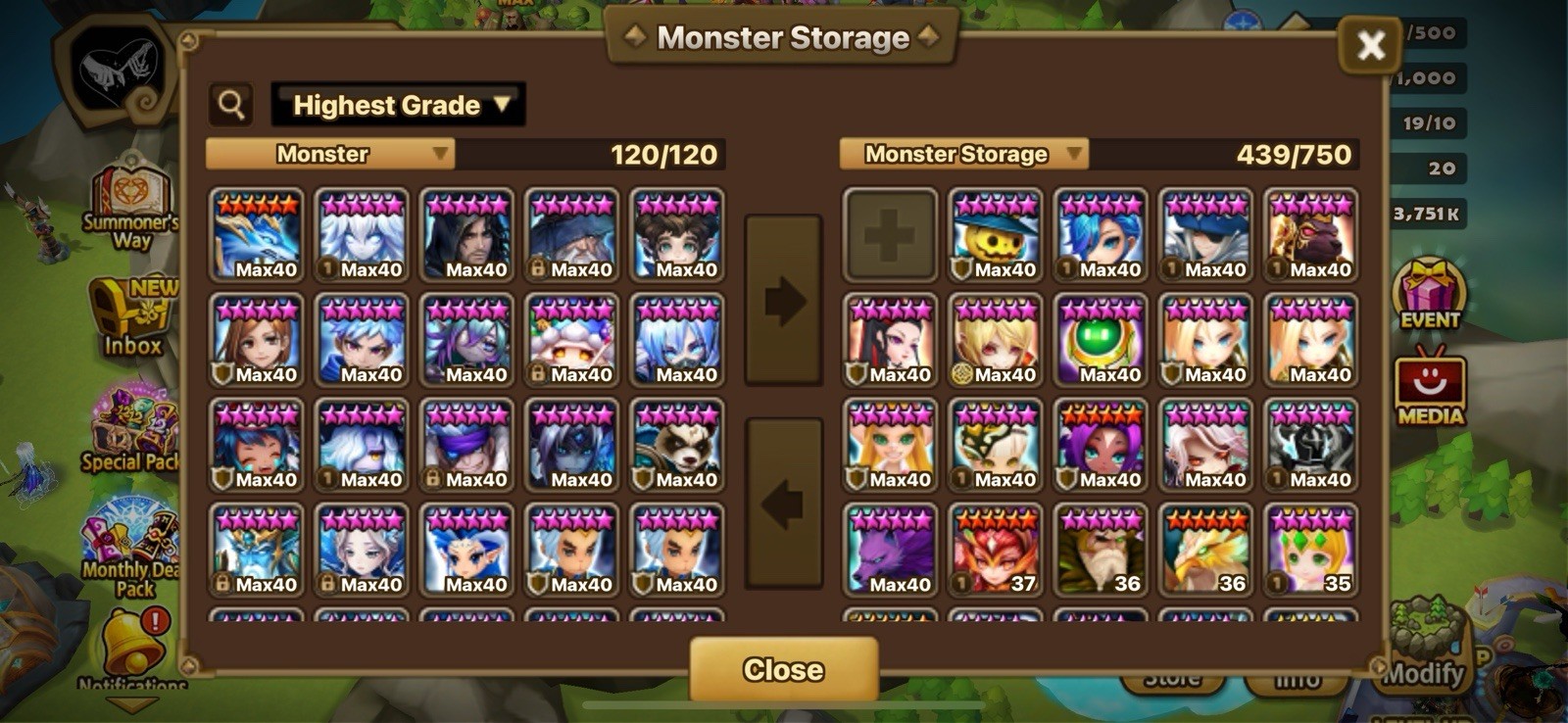 Com2uS Summoners War Monster Storage 120/120 3 ld nat 5 Android iOS