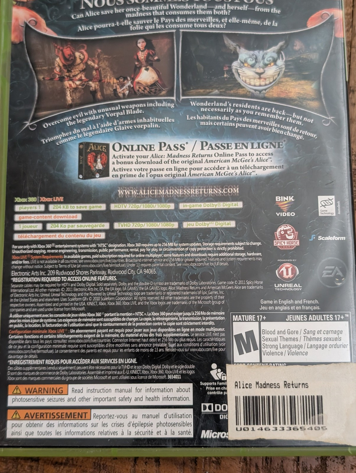 Alice Madness Returns Xbox 360 2011 Game Used Condition No Manual