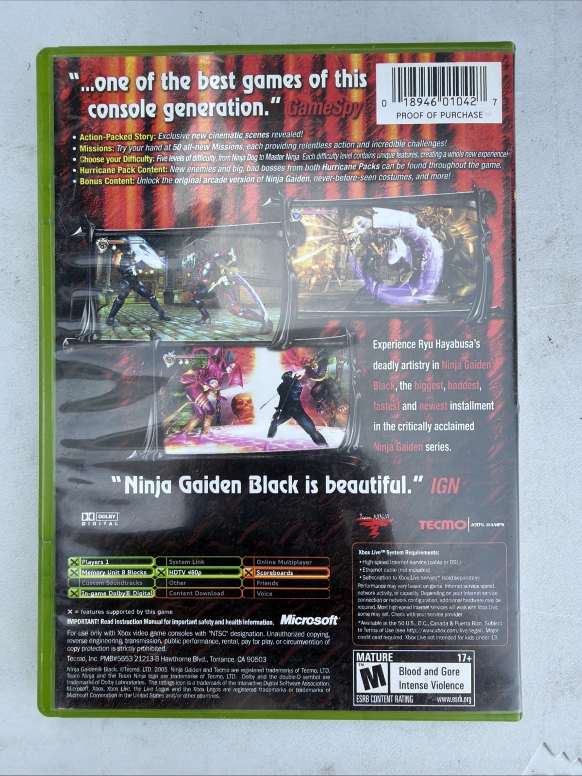 Ninja Gaiden Black Microsoft Xbox Action Martial Arts Game Tecmo NTSC No Manual