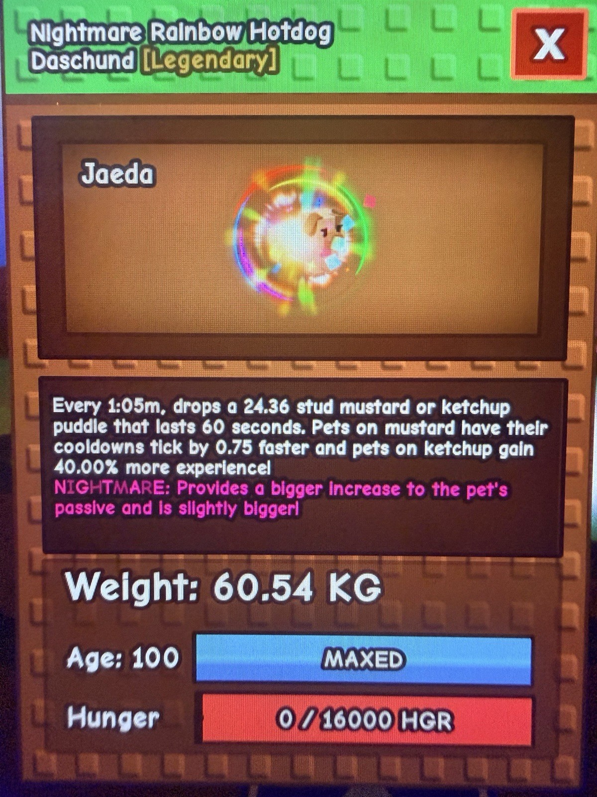 GROW A GARDEN | HUGE RAINBOW HOTDOG DASCHUND | 60.54kg