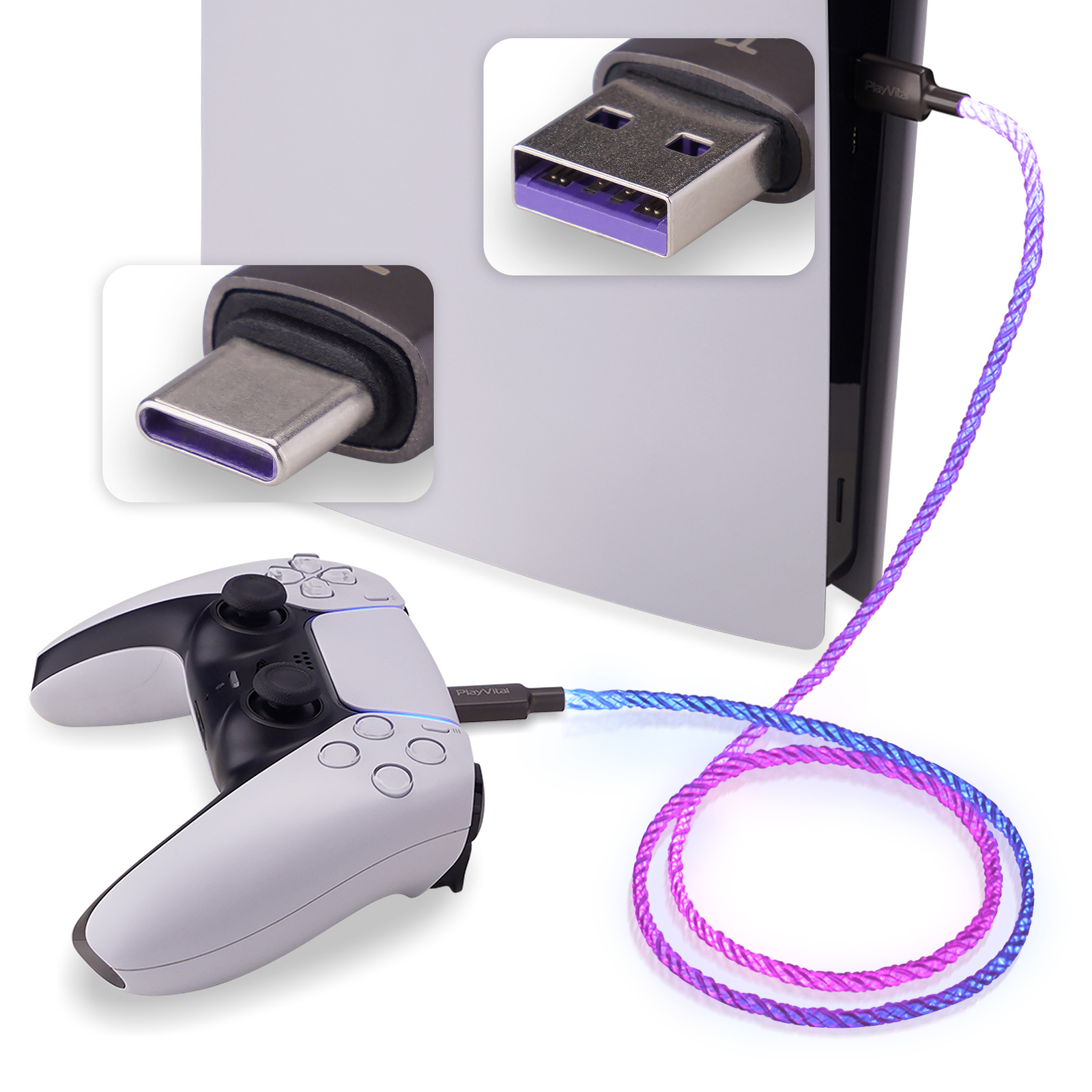USB Type C LED Charging Cable for PS5/Xbox/Elite Series 2/Switch Pro Controller
