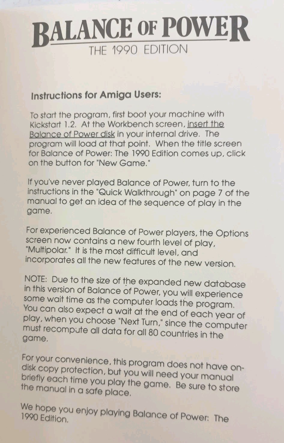 No Discs-Box/Manual Only- Balance of Power The 1990 Edition-Amiga 512