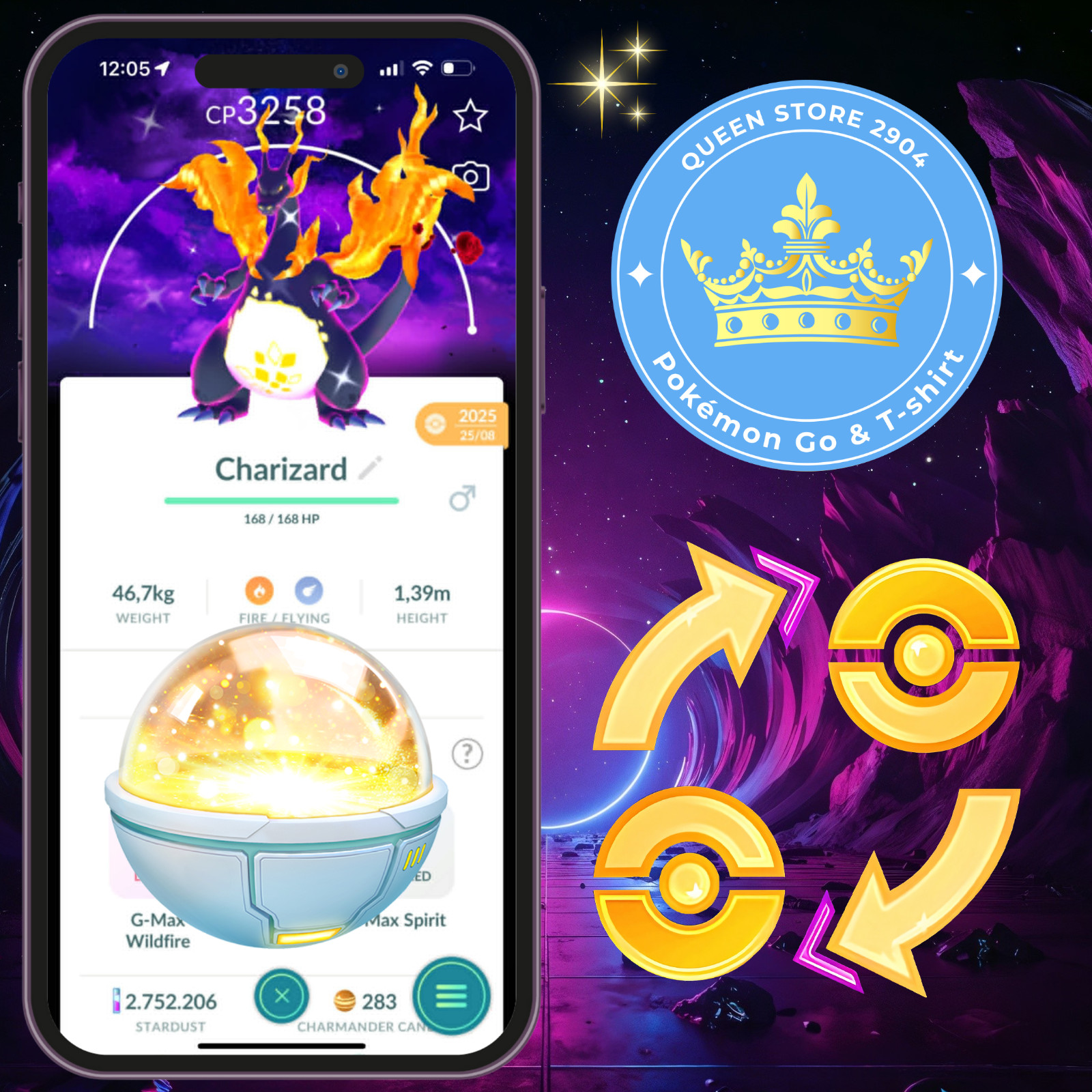 Pokémon TRADE—Shiny Gigantamax Charizard —Level 50—Dark Skies Background—Digital