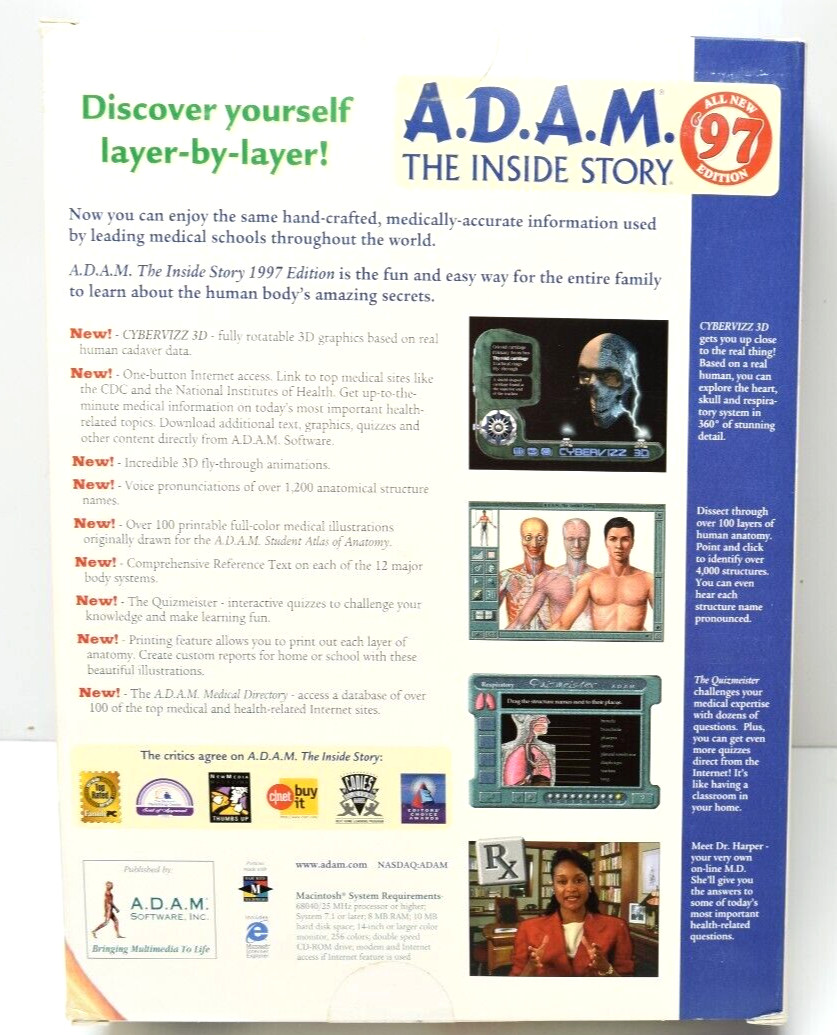 A.D.A.M. The Inside Story 1996 Anatomy Medical Instructional CD-ROM Mac Big Box
