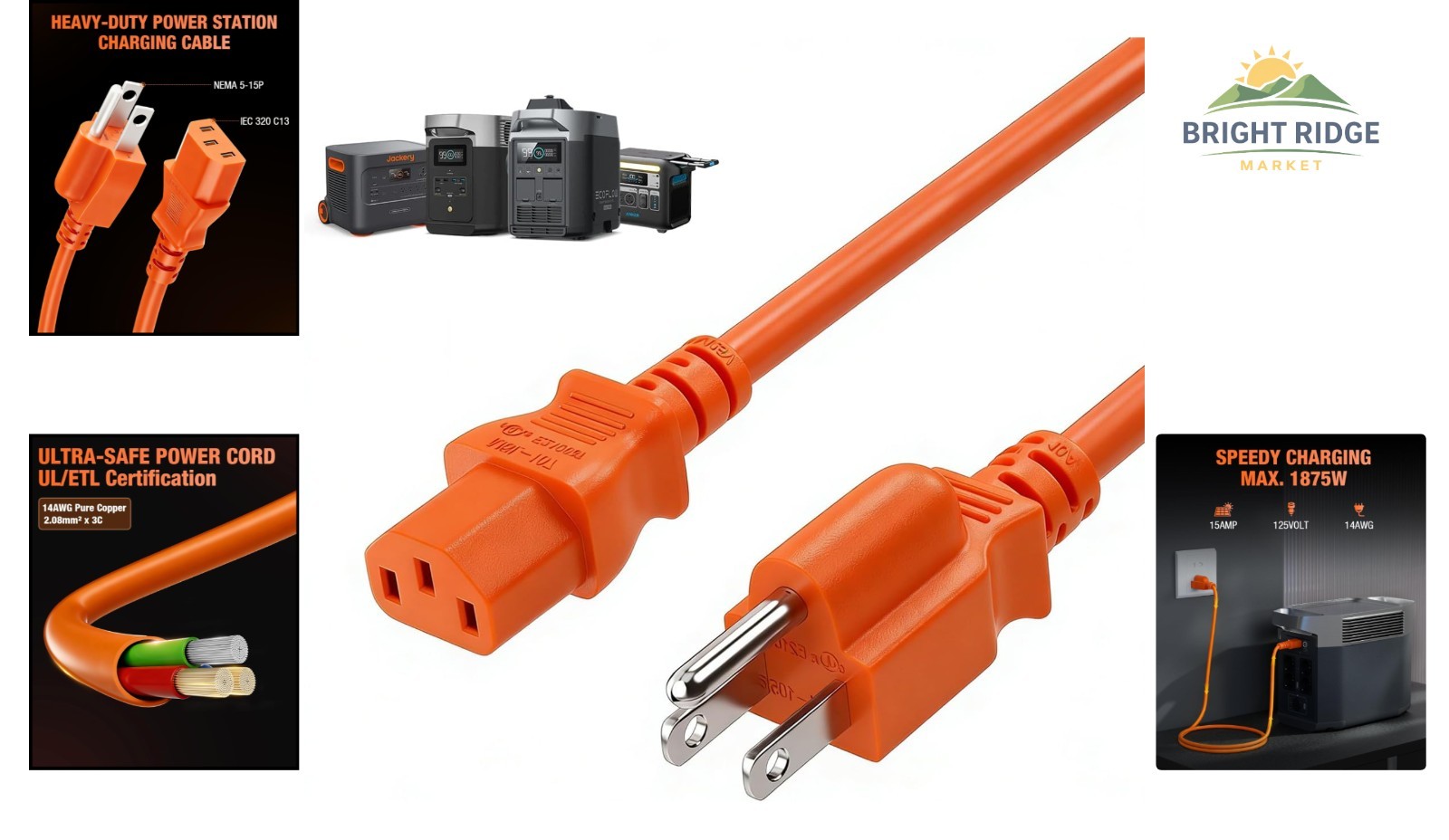 16FT Orange AC Power Cord with Male-Female Connector for Versatile Compatibility