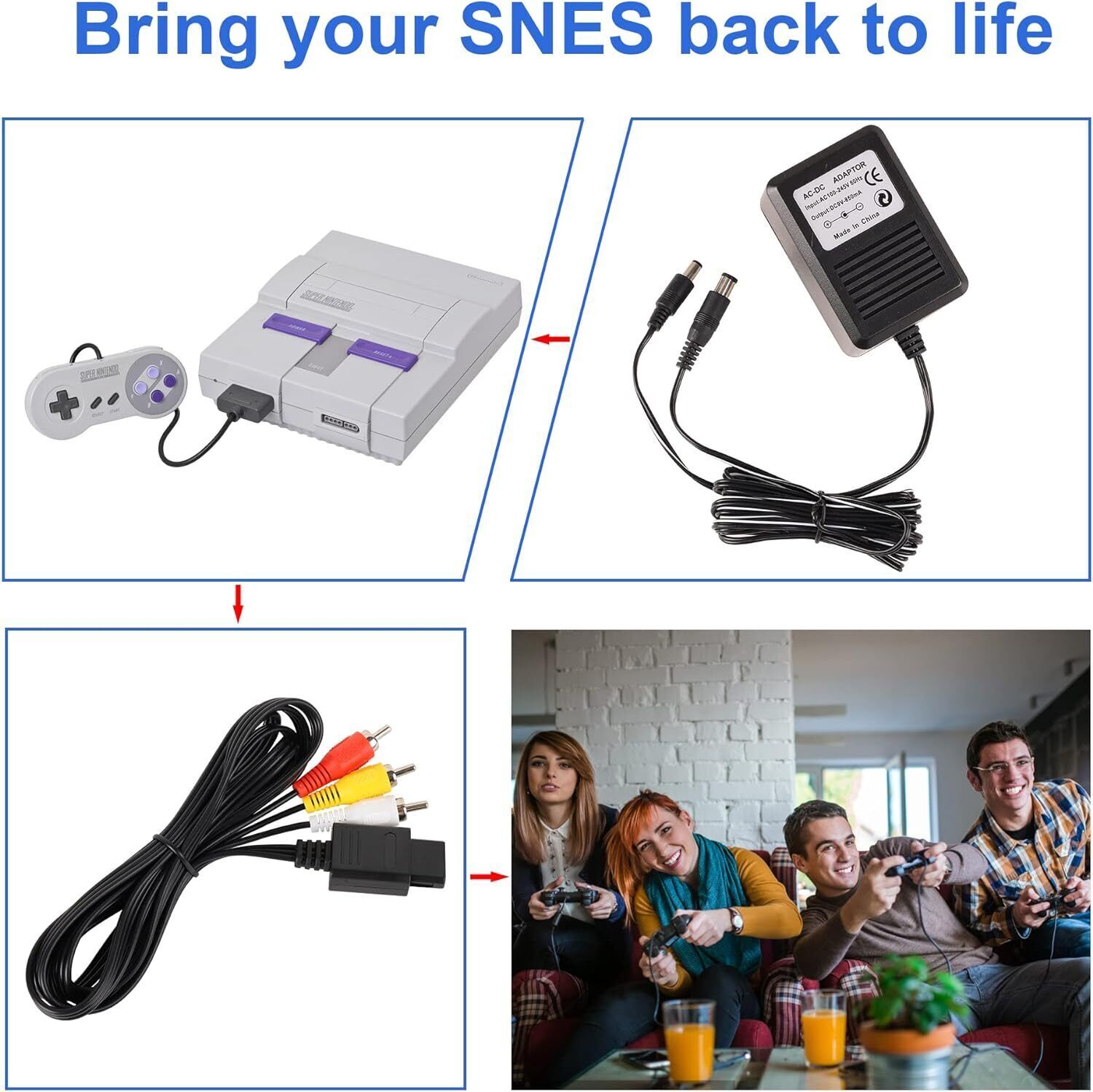Audio AV RCA+AC Cable Power Supply Adapter Cord For Super Nintendo SNES Game Set