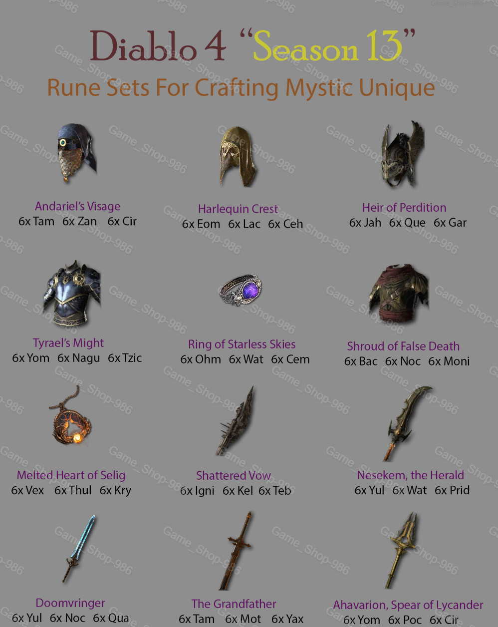 D4 Diablo 4 S13 Season 13 / Rune Set for Crafting Mythic Unique