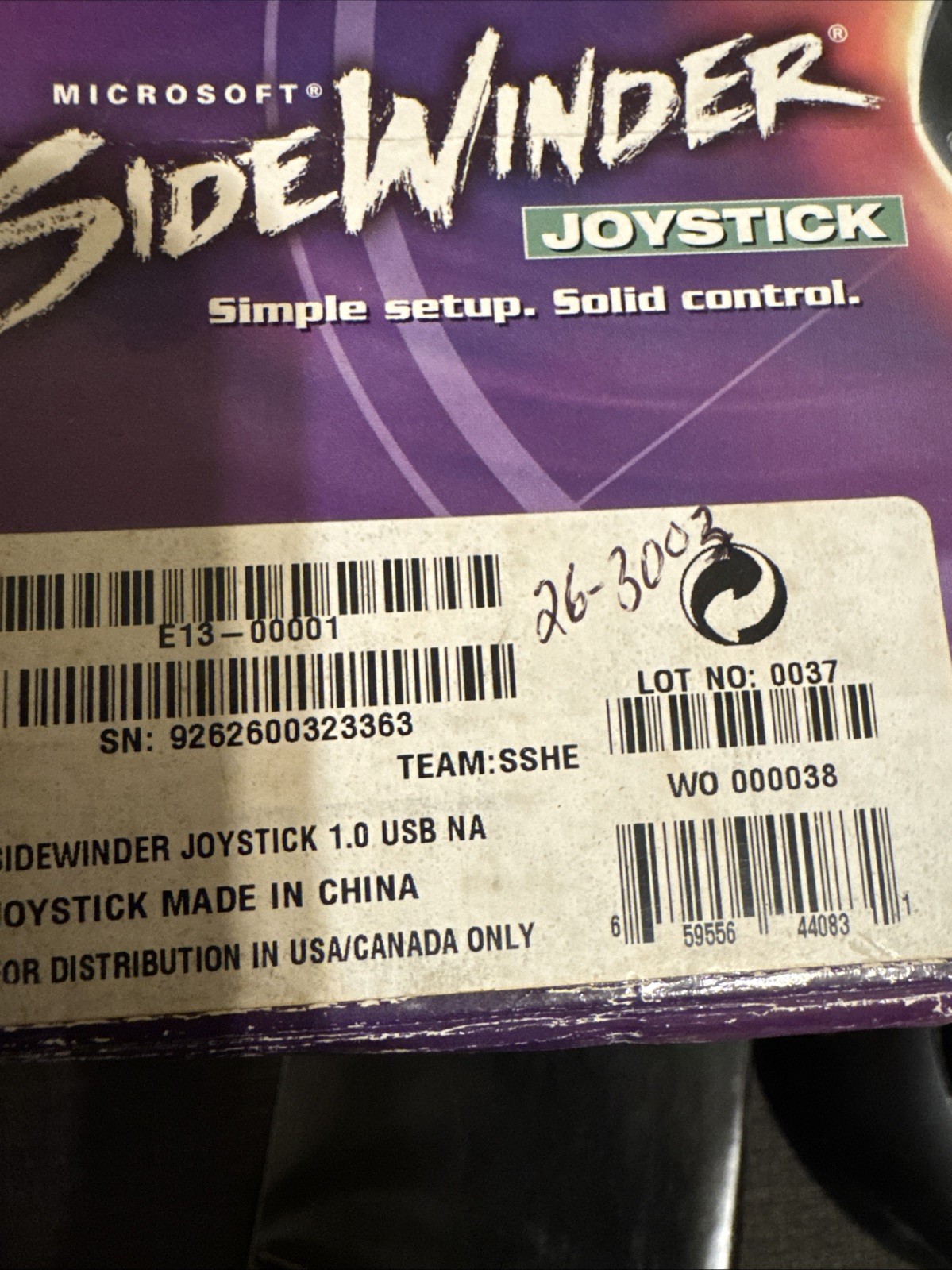 OEM SIDEWINDER JOYSTICK~2000 MICROSOFT With Box + Manual X05-88615 Professional
