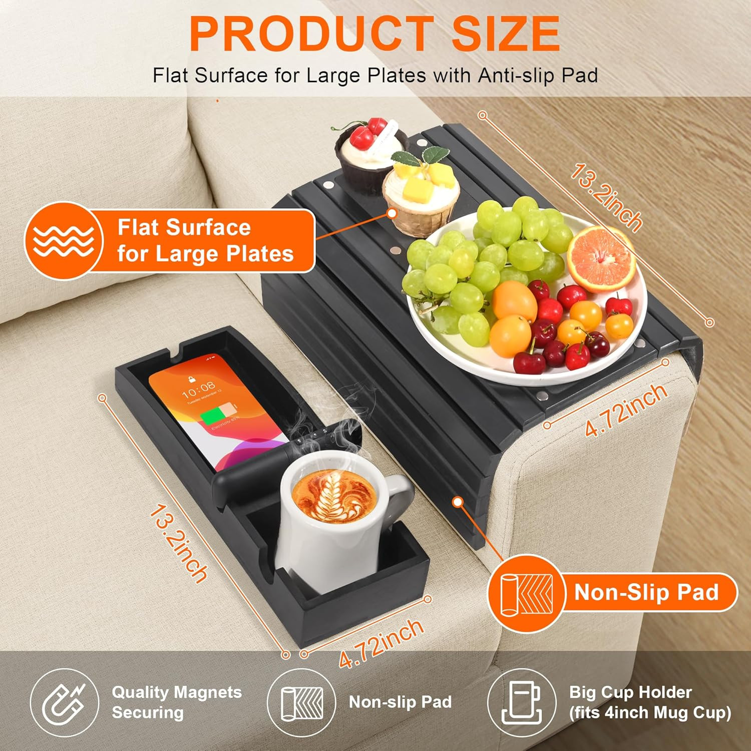 Couch Cup Holder, 3-In-1 Magnetic Detachable Couch Arm Tray, Bamboo Sofa Armrest
