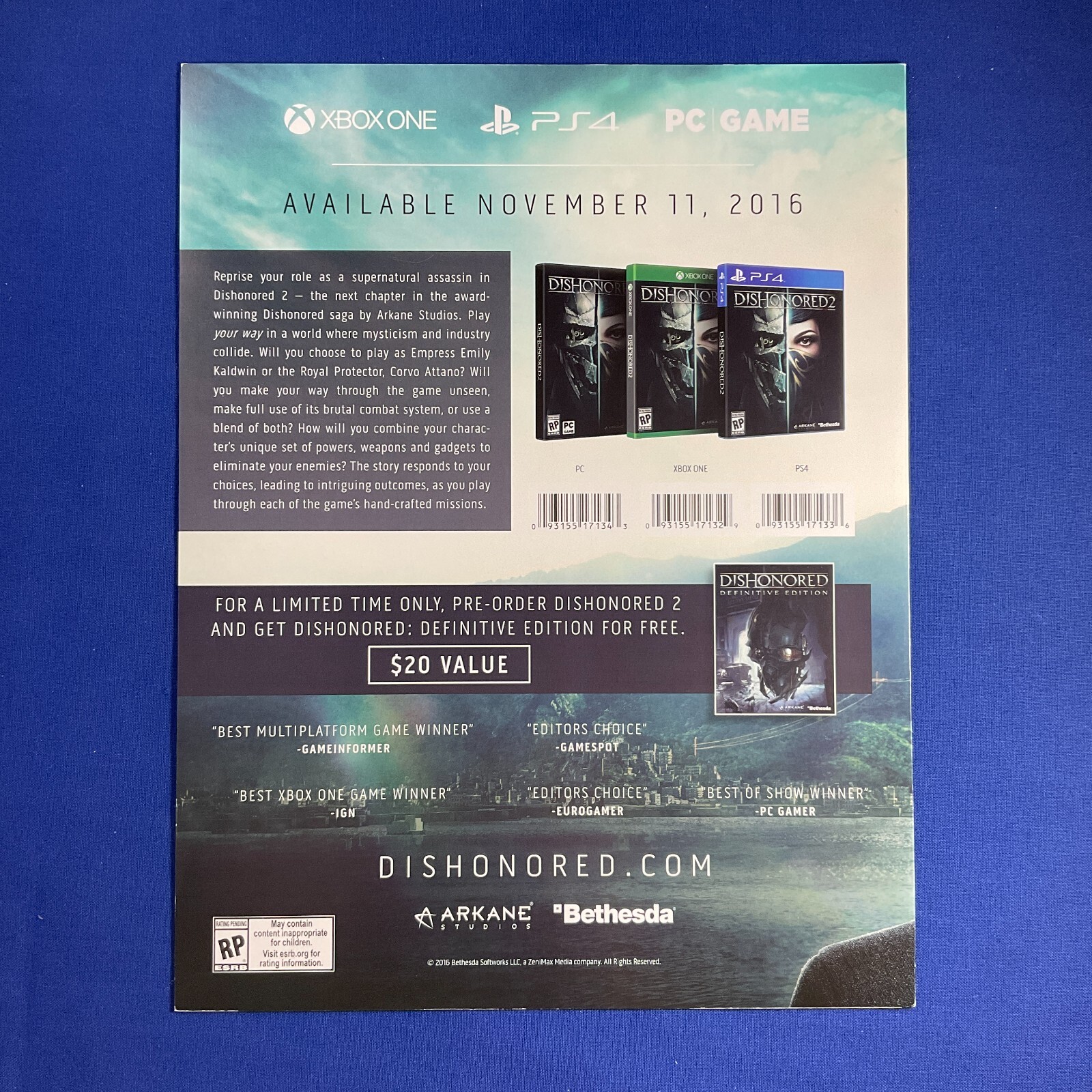 DISHONORED 2 Video Game Launch Kit Promo Fold Out Marketing Booklet 2016