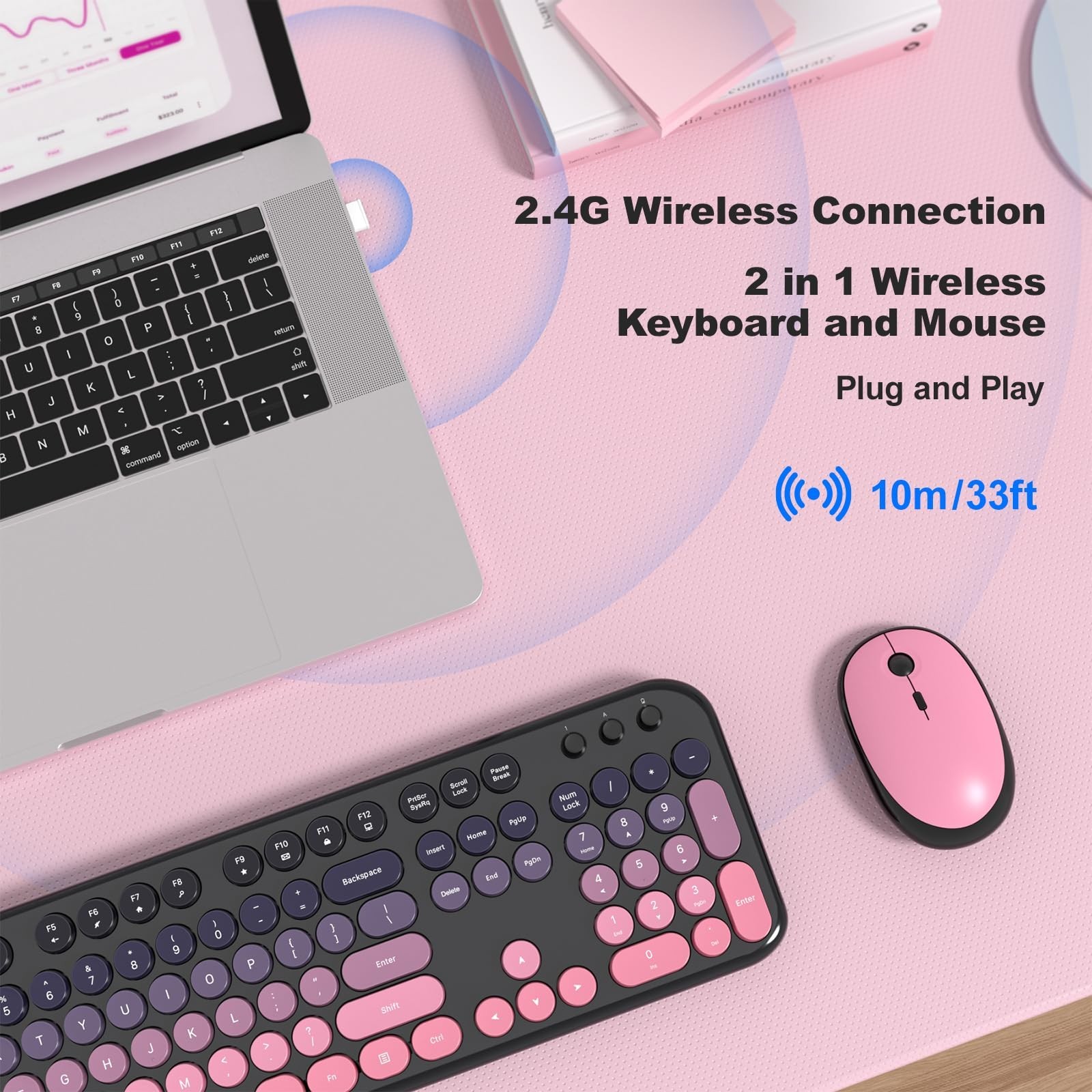 Wireless Keyboard Mouse Combo – Lovely CherryPink-Gradient Rainbow Full-Sized…