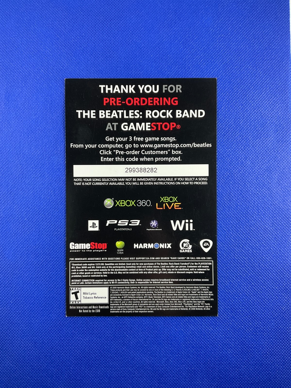 BEATLES Rockband Promotional (Expired) Download Code Card 2009 Harmonix MTV