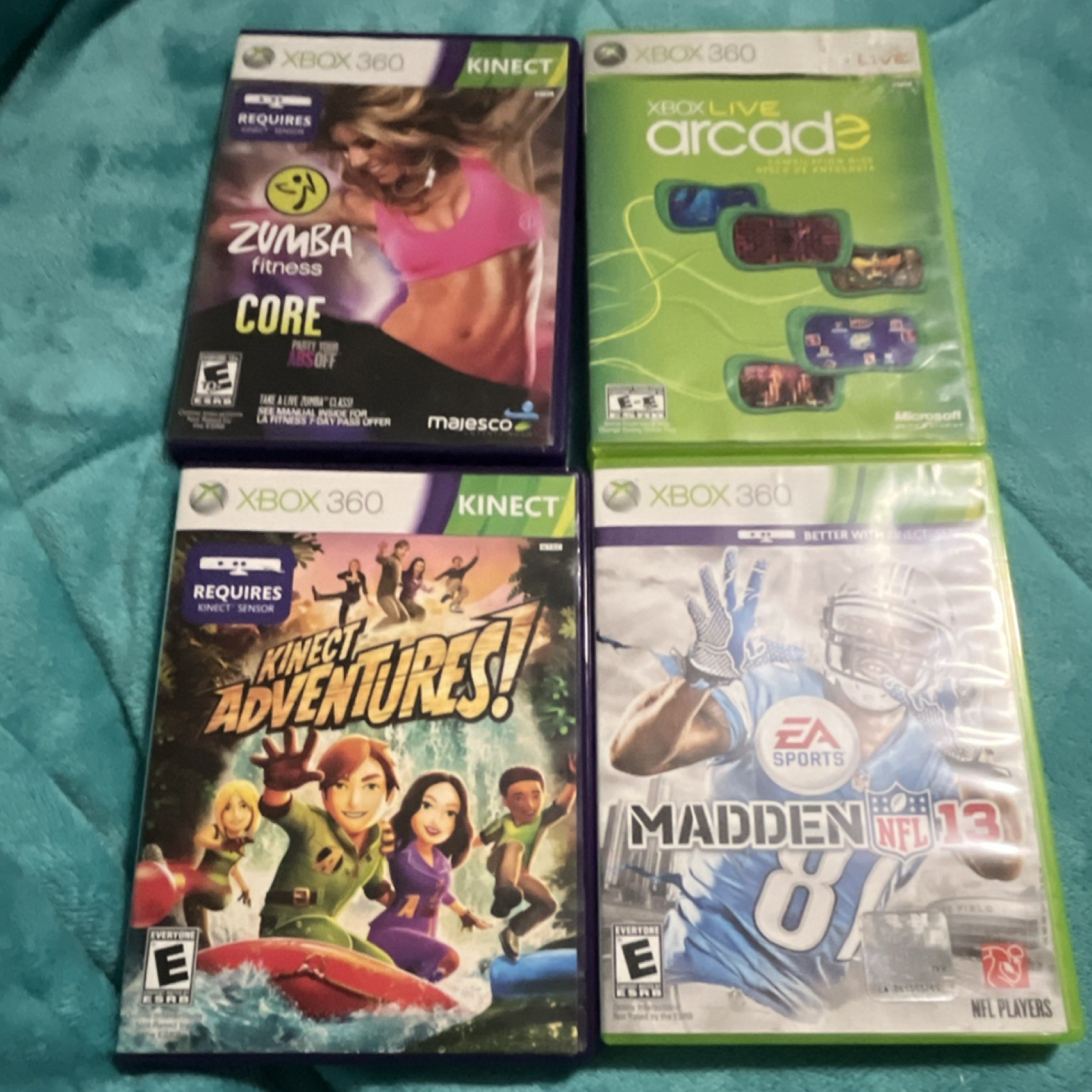 Xbox 360 Game Lot Zumba Fitness Core, Kinect Adventures, Arcade, Madden NFL