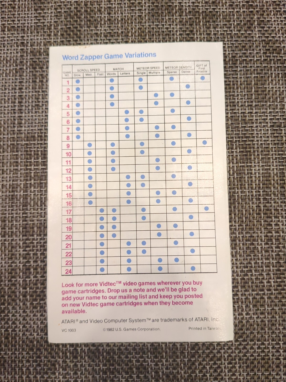 Word Zapper Instructions Atari 2600 – Booklet Only Vidtec