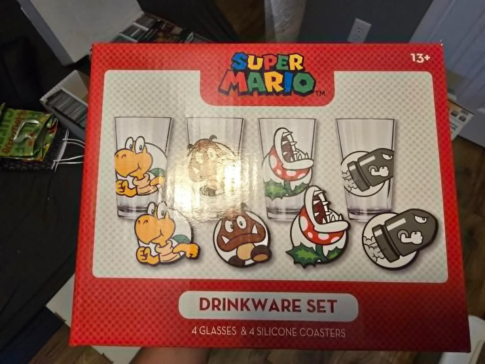 Nintendo Super Mario Enemy Drinkware Glass Set of 4 Silicone Coasters 16 oz