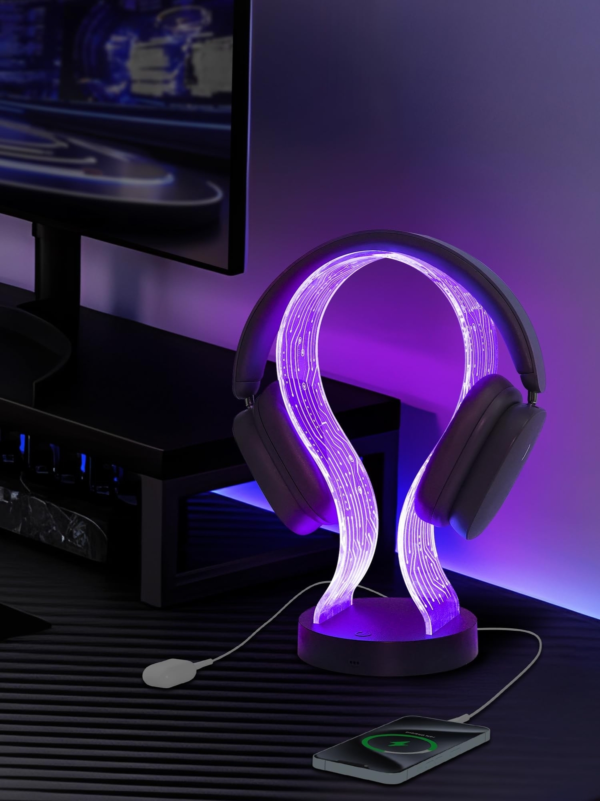 Light Up Headphone Stand with 16 Color Lights, PCB Pattern Acrylic Headset St…