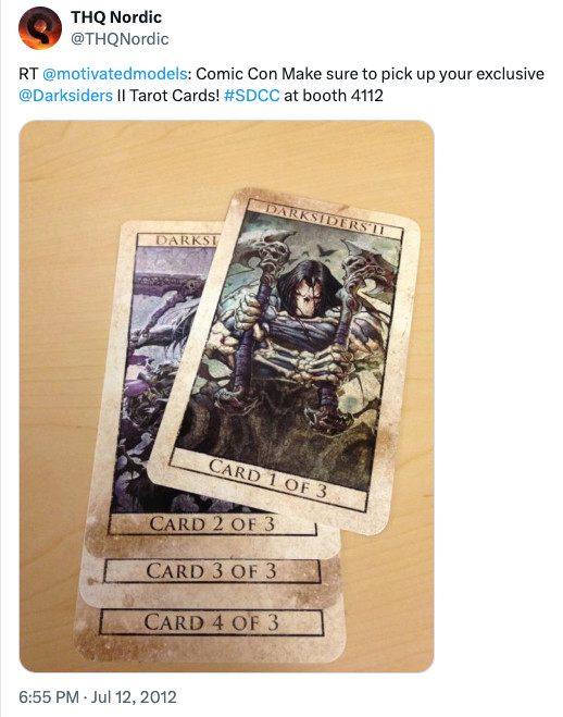 Darksiders II SDCC 2012 Secret Completion Tarot “Card 4 of 3” THQ Promo Rare